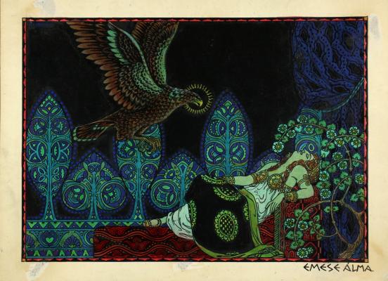 Helbing Ferenc: Emese álma. Illusztráció a Magyar hunmondák című kötetből, 1920, papír, tus, tempera