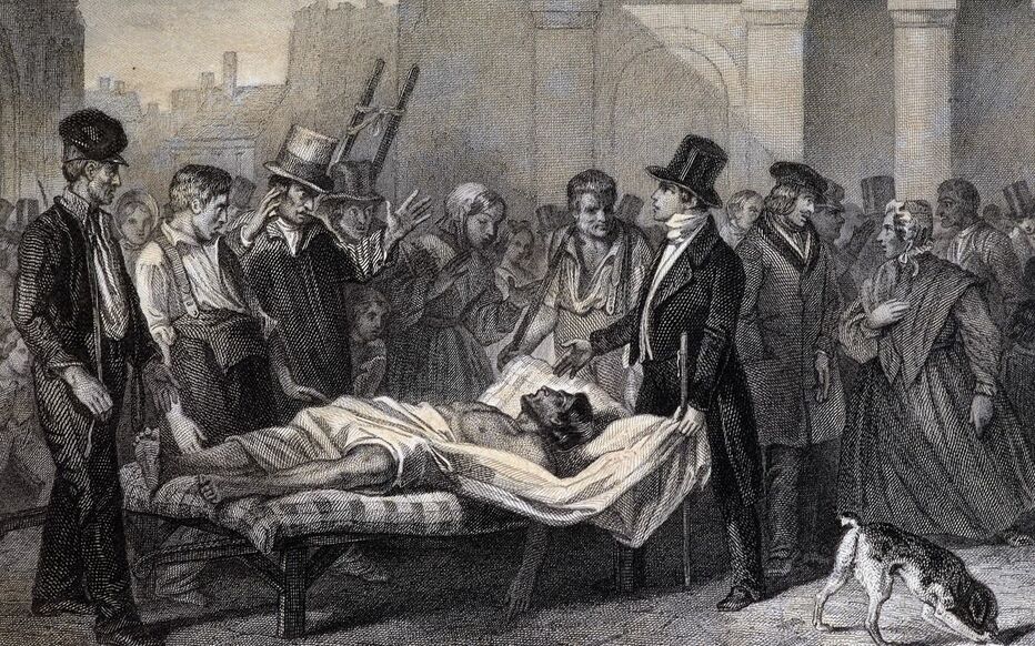  Un cadavre dans un linceul suscite la curiosité et l’effroi de la foule, illustration parfaite de la terreur qu’inspirait le choléra à Paris en 1832. 